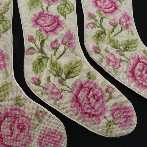 Imperial Elegance Set 4 Pink Rose Flower Floral Needlepoint Christmas Stockings - Picture 8 of 16